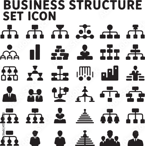 Business organization chart icon set representing hierarchy and structure corporate teamwork and management flow diagrams