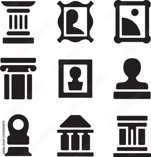 Minimalist museum icons collection featuring greek columns art frames statues and building facades for architectural design
