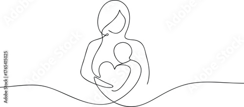 Mother holding baby in continuous line art child embrace