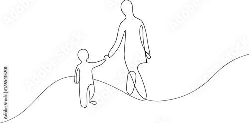 Parent and child holding hands walking on wavy ground
