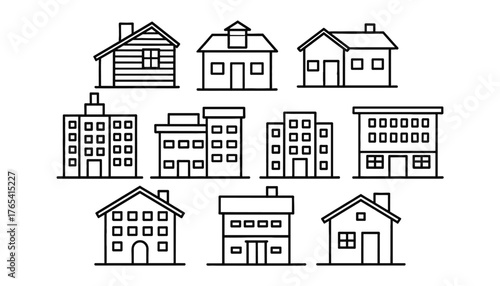 City and Suburban Buildings Outline Vector Icon Set: Collection of 11 Line Art Symbols for Houses, Apartment Complexes, and Office Towers for Real Estate and Urban Planning Design