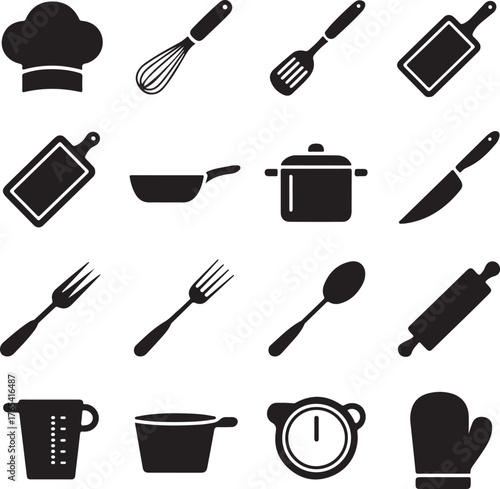 Culinary icons set collection chef hat whisk spatula cutting board pan pot knife fork spoon rolling pin