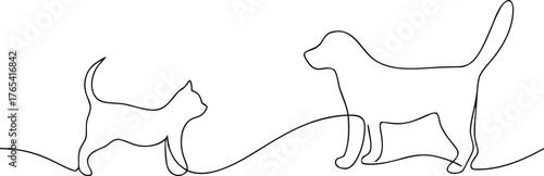 Single line drawing of a cat and a dog facing each other