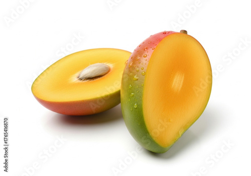 A fresh, ripe mango cut in half, showcasing its vibrant orange flesh and seed on a clean white background.