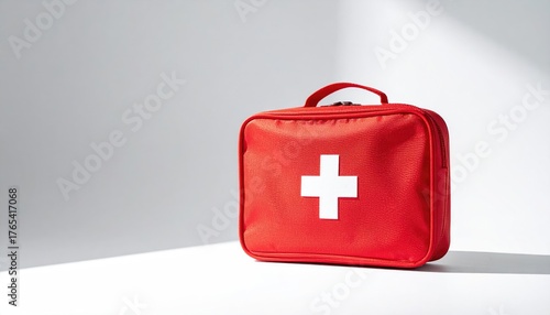Red first aid kit bag with white cross on a white background