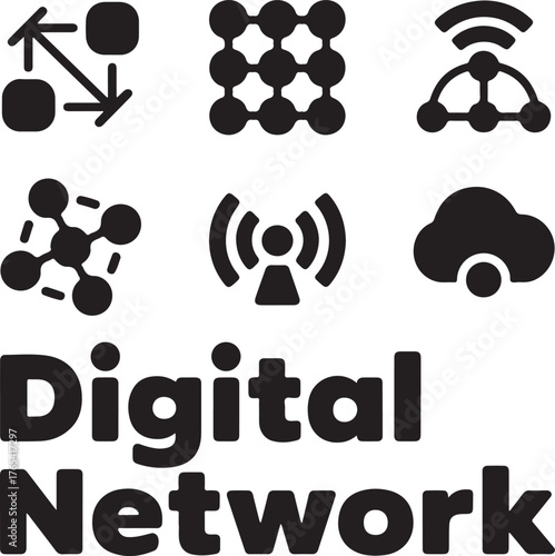 Collection of minimalist modern icons representing digital networks data transfer connectivity cloud services and wireless communication technology symbols