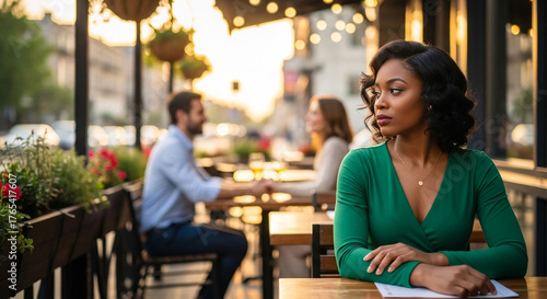 Woman watching couple with envy at outdoor restaurant during evening, unrequited love and emotional tension