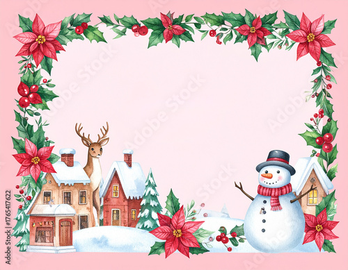 watercolor christmas card with snowman. Christmas frame. Christmas border.