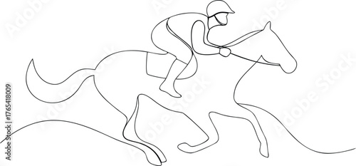 Single line drawing of a jockey riding a horse equestrian