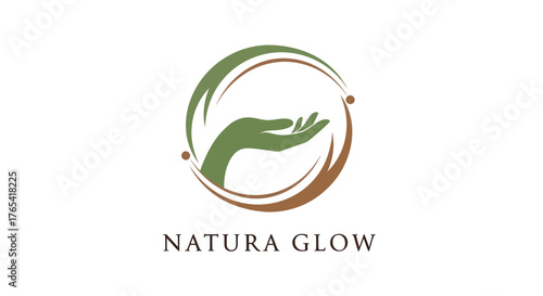 Natura Glow logo design with a green hand in a circular swoosh.