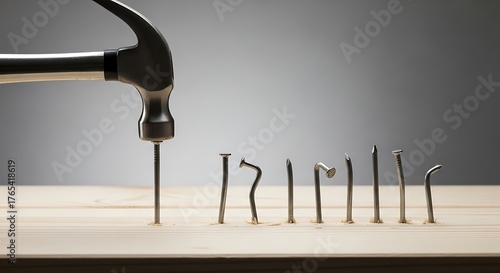Hammer Hitting Nail Into Wood, Gray Background with Bent Nails