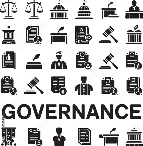 Collection of 24 minimalist icons representing law justice government administration and civic engagement concepts set