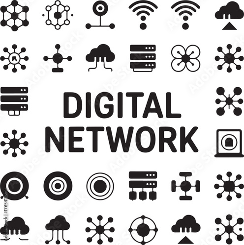 Set of 30 minimalist icons representing digital network concepts and technology elements technology icons collection