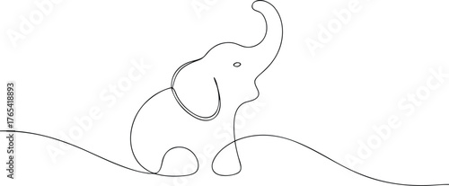 Single line drawing of an elephant with trunk raised