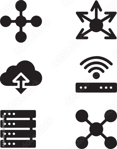 Set of six abstract network and data icons representing connectivity hubs servers cloud computing and wireless signals for digital concepts