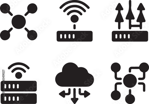 Set of six network technology icons representing connectivity cloud computing and data transfer solutions for digital infrastructure
