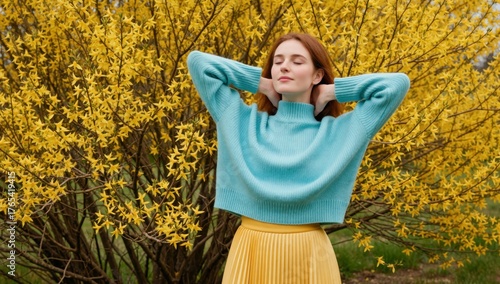Redhead woman in blue sweater posing in front of forsythia bush with yellow flowers in spring