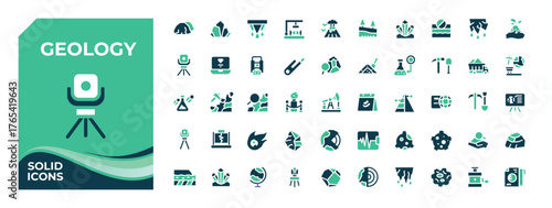 Geology colorful solid icon set. Included geography, earth, mining and more. Flat solid icons set. Mining icon collection. Pixel perfect. Vector illustration.