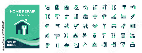 Home Repair Tools colorful solid icon set. Contains filled symbols like tools, housework, build, work, house and more. Vector icons collection. Tool icon set.