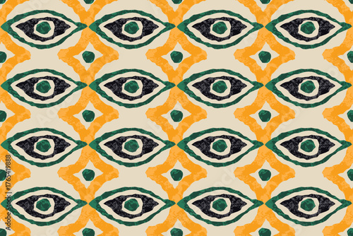 Abstract geometric seamless ikat pattern featuring eye-shaped motifs in Green and Orange. Tribal-inspired texture creates a bold and artistic look, Perfect for boho and ethnic modern design themes.