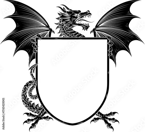 Dragon coat of arms or crest family heraldry medieval heraldic knight shield. In a vintage woodcut style.