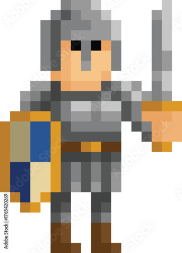 Knight warrior fantasy cartoon character in a video game sprite pixel art style. 18 squares wide by 25 high.