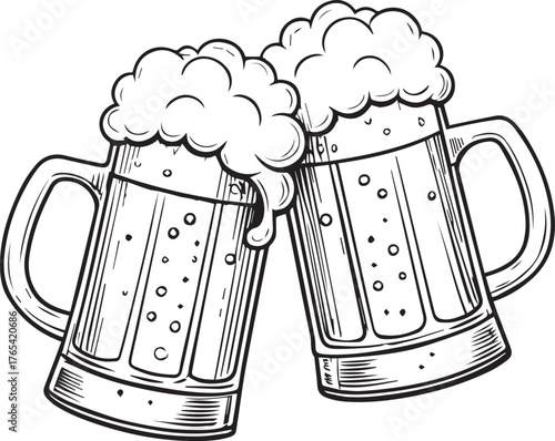 Illustration of Two Frothy Beer Mugs Clinking Together in a Celebration	