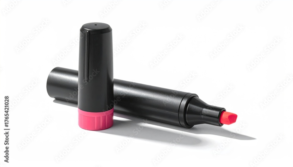 Fototapeta premium Pink-tipped black marker with removed cap on white surface