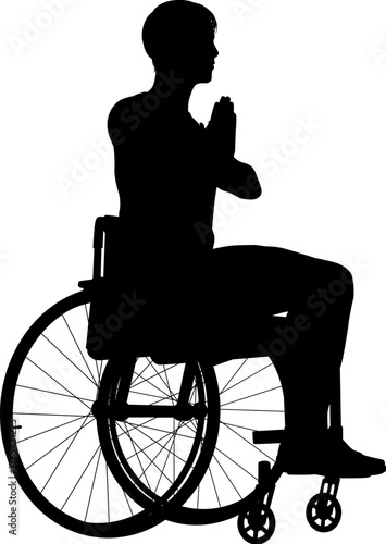 Silhouette of man in wheelchair with hands in prayer or yoga pose, symbolizing, mindfulness, spirituality, and resilience. Perfect for healthcare, wellness, meditation, and inclusive lifestyle themes