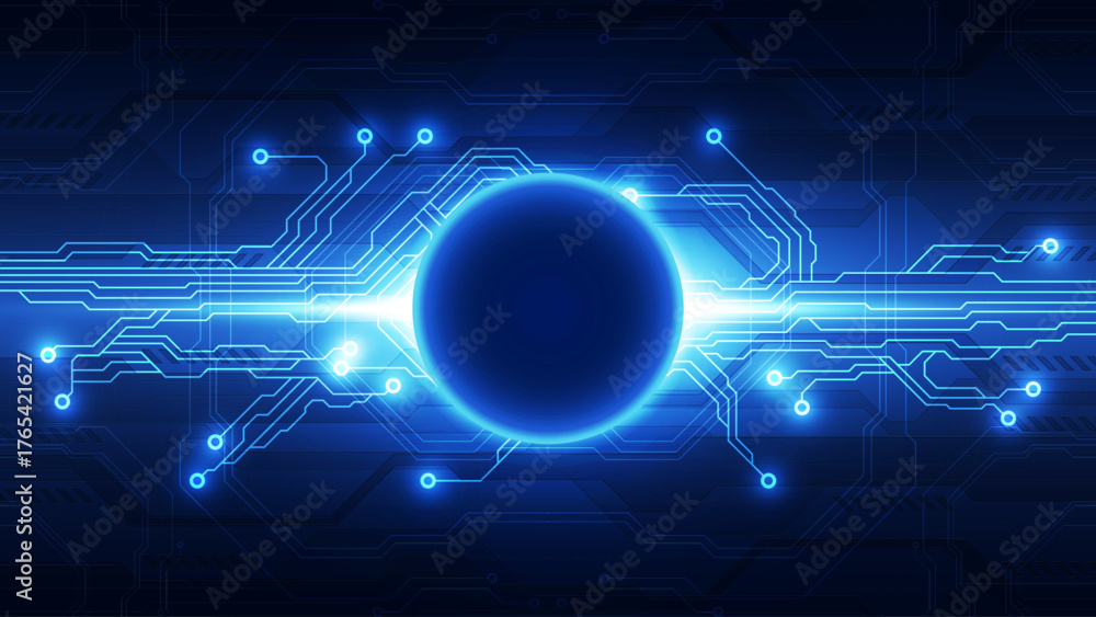 Fototapeta premium Blue Futuristic Digital Circuit Board Background: Central Data Core and High-Speed Connection Network