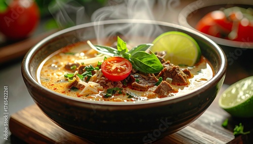 Close-up food footage of Soto Betawi in a ceramic bowl, creamy broth with beef, tomato, and lime garnish, steam visible, soft daylight