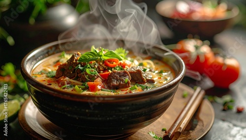 Close-up food footage of Soto Betawi in a ceramic bowl, creamy broth with beef, tomato, and lime garnish, steam visible, soft daylight