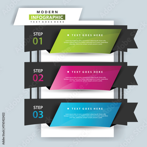 Modern infographic with three steps presented on colorful banners with text placeholders for information