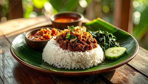 High-resolution close-up of Gudeg Jogja with krecek, boiled egg, and steamed rice on a traditional clay plate, warm Javanese interior background
