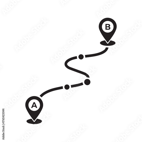 Route from Point A to B Glyph Icon, Journey Path with Start and Finish Destination Pins for Navigation
