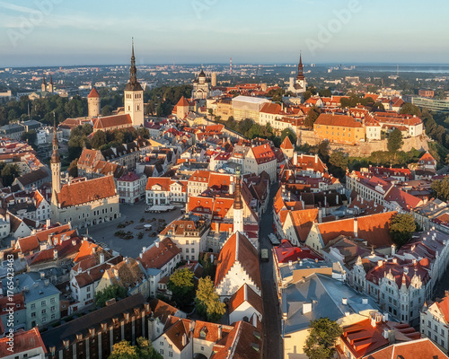 Aerial view of red tiled roofs cascade across the medieval Old Town, with the iconic spires of St. Olaf's Church and Tallinn Town Hall piercing the skyline, Tallinn, Estonia.