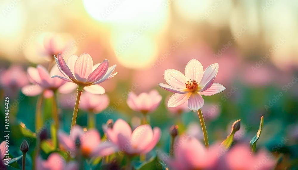 Fototapeta premium Delicate pink flowers bathed in warm sunrise light, creating a dreamy, peaceful mood. Backlit petals glow softly, ideal for nature, spring, wellness, and lifestyle stock themes.