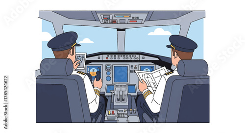 Illustration of two pilots in the cockpit, operating controls and navigating with a map, against a blue sky background.