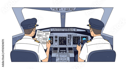 Two pilots sitting in the cockpit, operating controls and reading documents.
