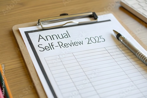 Close up of annual self review form on wooden desk