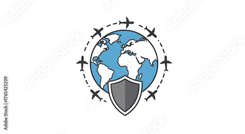 Graphic illustration of a globe with a shield and airplanes in a circular motion on a white background.