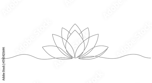 Minimalist lotus flower illustration, elegantly drawn with one continuous line, embodying peace, purity, and spiritual tranquility. Simple vector graphic