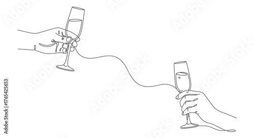 One line continuous drawing of two hands toasting with champagne glasses, minimalist style in EPS format