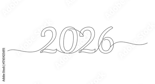 One continuous line art drawing of the year 2026. A sleek and modern vector illustration for future planning and events
