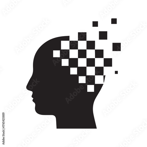 Dementia and Memory Loss Icon: Human Head Dissolving into Pixels, Symbolizing Mental Decline, Alzheimer's, and Digital Overload.
