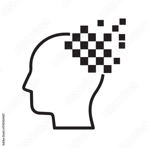 Dementia and Memory Loss Icon: Human Head Dissolving into Pixels, Symbolizing Mental Decline, Alzheimer's, and Digital Overload.
