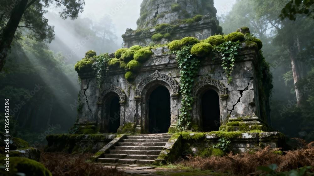 Naklejka premium Ancient stone temple overgrown with moss and vines in a misty forest