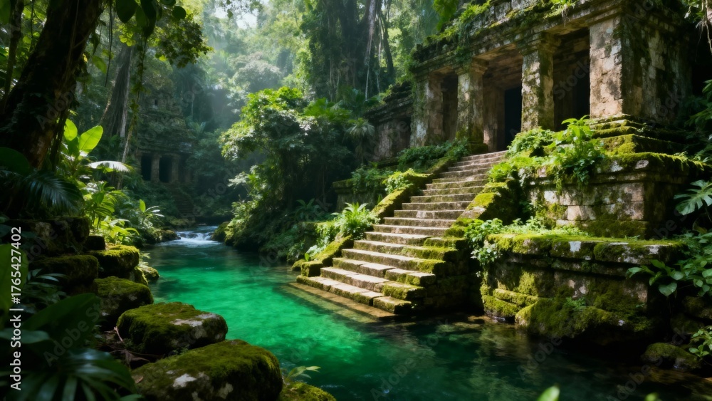 Naklejka premium Ancient stone temple ruins surrounded by lush jungle and a clear turquoise stream