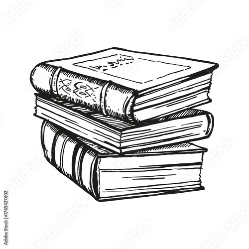 monochrome vector stack of old, antique books, pile of academic, magic folios, black and white illustration of science, library, mystic, hand drawn sketch of fairy tale, studying, learning theme