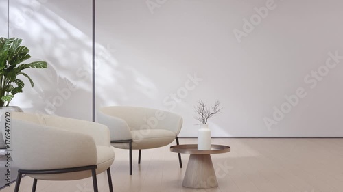 3d rendering of minimalist living room with modern armchair and neutral white beige backdrop. Soft blurred movement foliage leaf shadow on clean bright wall in cozy interior space for relaxation.